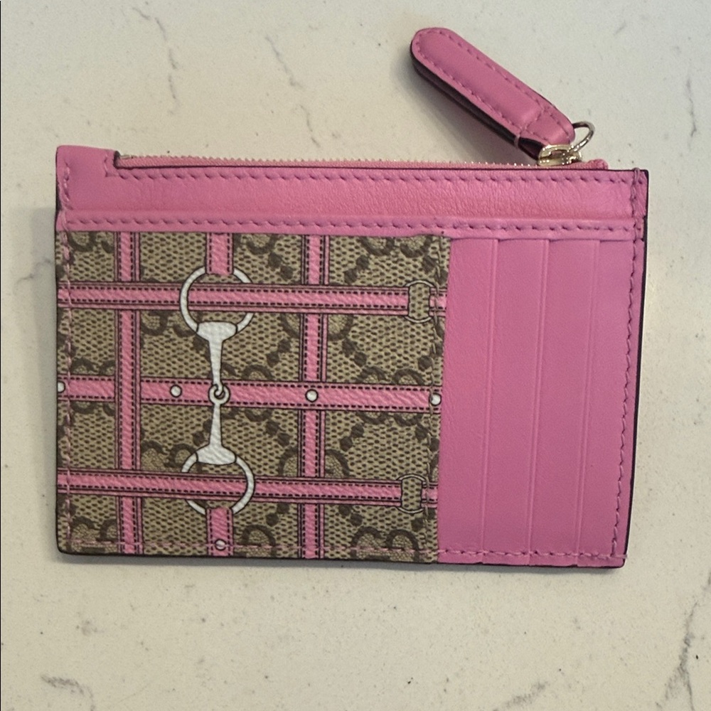 NWOT Gucci Pink and Brown GG Coated Canvas Card Holder with Key Ring COA Include - Picture 2 of 4